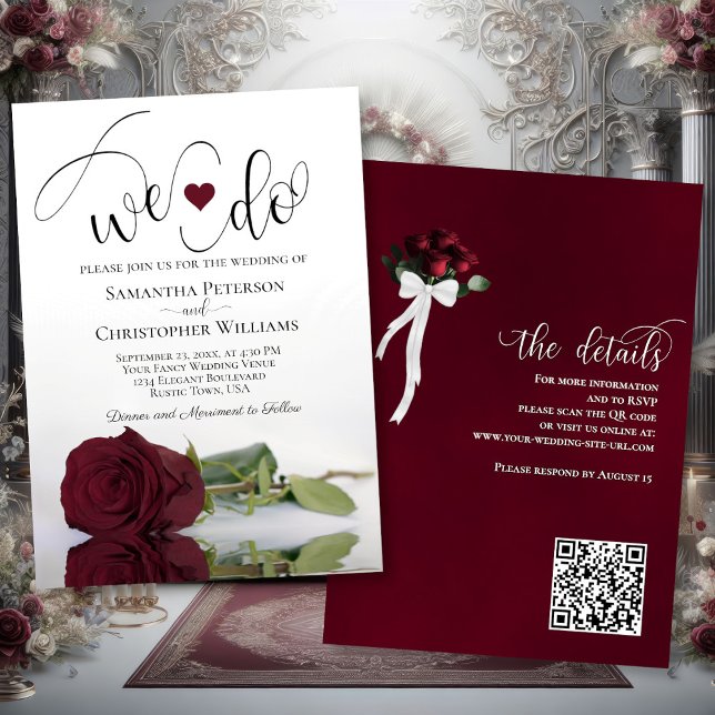 Det gör vi! Elegant Burgundy Ro QR-koden Bröllop Inbjudningar (Front/Back)