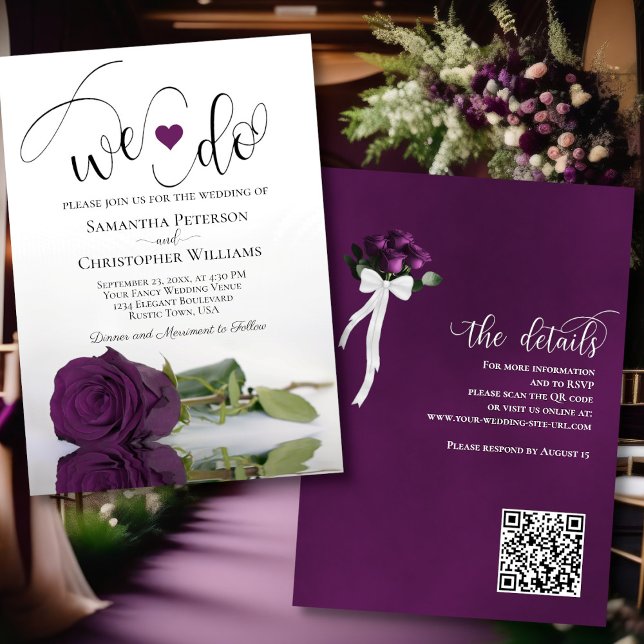 Det gör vi! Elegant Plum Lila Ro QR-kod Bröllop Inbjudningar (Front/Back)