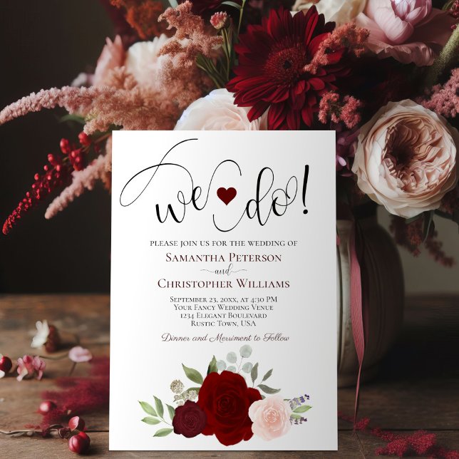 Det gör vi! Elegant Red & Rosa ros Boho Bröllop Inbjudningar (Skapare uppladdad)
