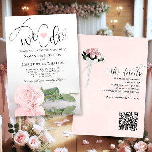 Det gör vi! Elegant Rosa ros QR-koden Bröllop Inbjudningar