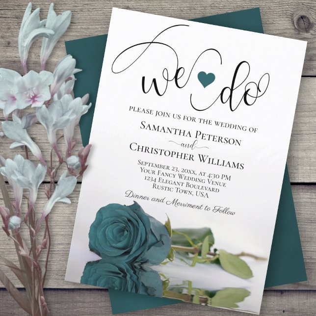 Det gör vi! Elegant Teal Ro Romantic Bröllop Inbjudningar (Skapare uppladdad)