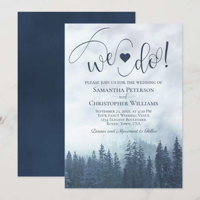 Det gör vi! Misty Blue Gräs Rustic Romantic Bröllo Inbjudningar (Fram/baksida)