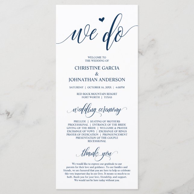 Det gör vi, Modern Navy Blue Script, Bröllop Cerem Program (Framsida)