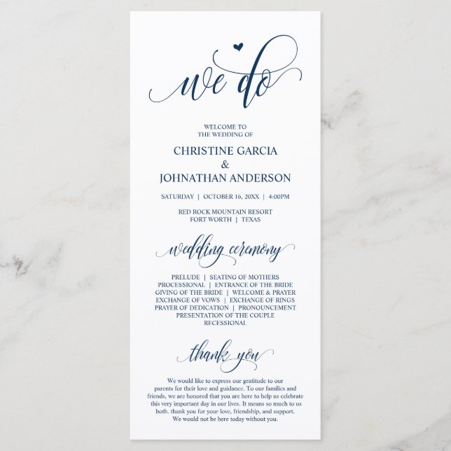 Det gör vi, Modern Navy Blue Script, Bröllop Cerem Program (Framsida)