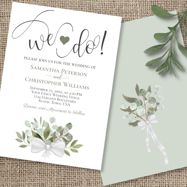 Det gör vi! Rustic Eucalyptus Löv Boho Chic Bröllo Inbjudningar (Front and Back)