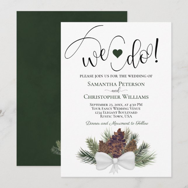 Det gör vi! Rustic Pinecones & Grenar Winter Weddi Inbjudningar (Fram/baksida)