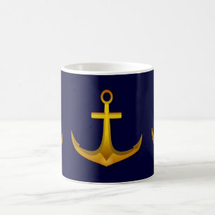 Det guld- fartyget ankrar på marinblått nautiskt kaffemugg