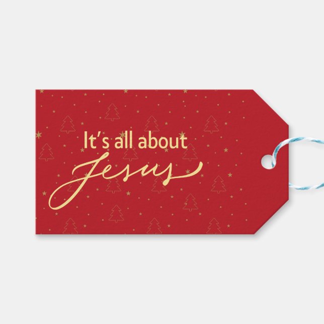 Det handlar om Jesus – Röd och guld jul Presentetikett (Framsidan (Horisontell))