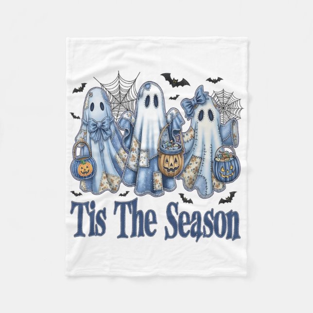 Det här är säsongsblåpatchwork Ghost Pumpkin Spook Fleecefilt (Framsidan)