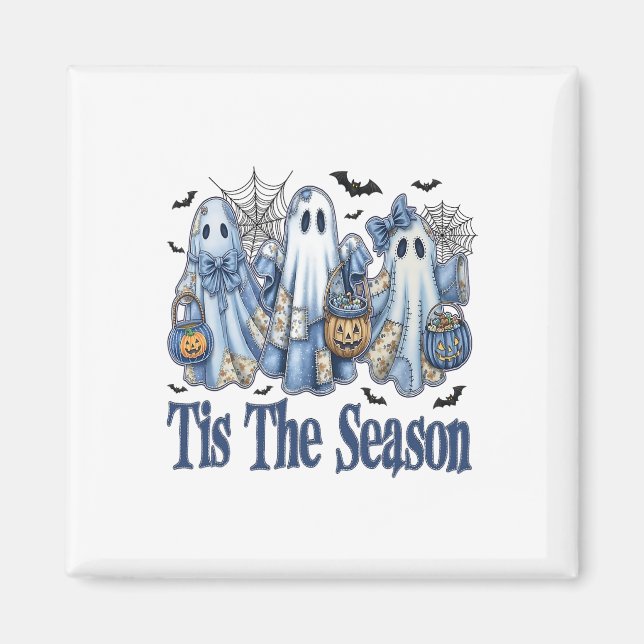 Det här är säsongsblåpatchwork Ghost Pumpkin Spook Magnet (Framsidan)