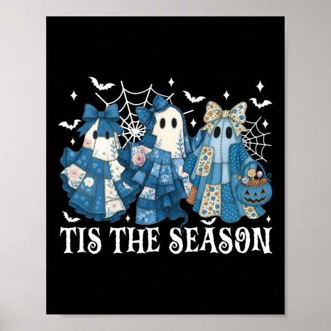 Det här är säsongsblåpatchwork Ghost Pumpkin Spook Poster (Framsidan)