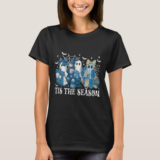 Det här är säsongsblåpatchwork Ghost Pumpkin Spook T Shirt (Framsida)