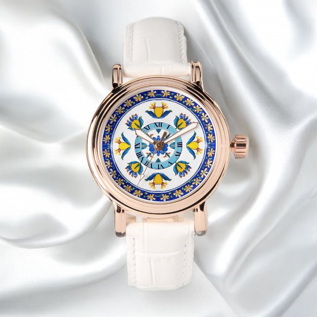 Det italienska Blommönstret Deruta Decorative Circ Armbandsur (Elegant Vintage Lovely Italian Deruta Watercolor Floral Pattern)