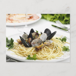 Det italienska cuisineet. Spaghetti alle vongole. Vykort