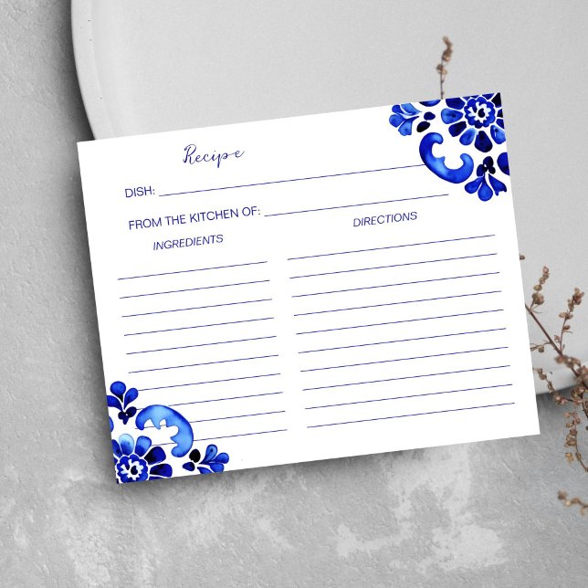 Det italienska receptkortet Amalfi Mediterranean I (Amalfi Mediterranean Italian themed recipe card Blue tiles themed Talavera Azulejo tiles)