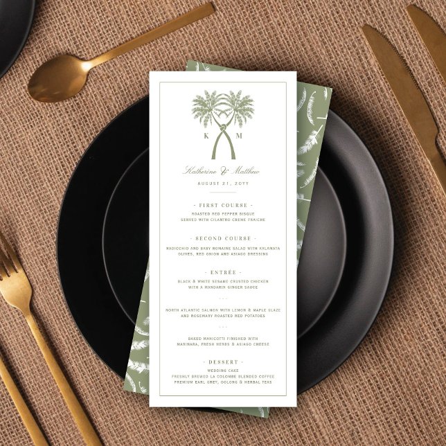 Det kända Handflatan-Träd-moderna klassiska tropis Meny (Knotted Palm Trees Monogram Tropical Destination Wedding Menu Card @ fatfatin_blue_knot)