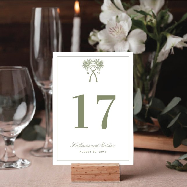 Det kända Handflatan Träd Tropical Destination Wed Bordsnummer (Knotted Palm Trees Tropical Destination Wedding Table Number Card @ fatfatin_blue_knot)