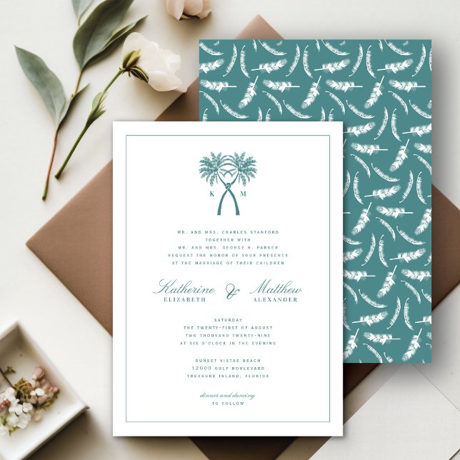 Det kända Handflatan Träd Tropical Destination Wed Inbjudningar (Knotted Palm Trees Tropical Destination Wedding Invitation @ fatfatin_blue_knot)