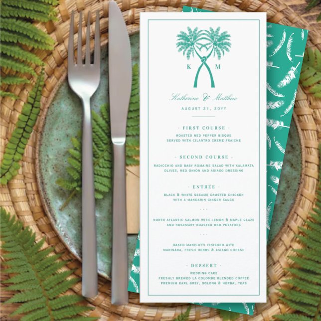 Det kända Handflatan Träd Tropical Destination Wed Meny (Knotted Palm Trees Monogram Tropical Destination Wedding Menu Card @ fatfatin_blue_knot)