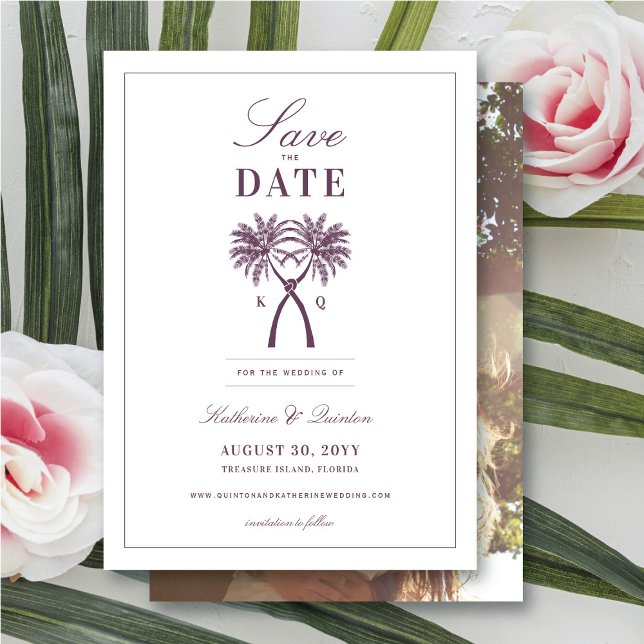 Det kända Handflatan Träd Tropical Destination Wed Spara Datumet (Knotted Palm Trees Tropical Wedding Save The Date Photo Announcement Card @ fatfatin_blue_knot)
