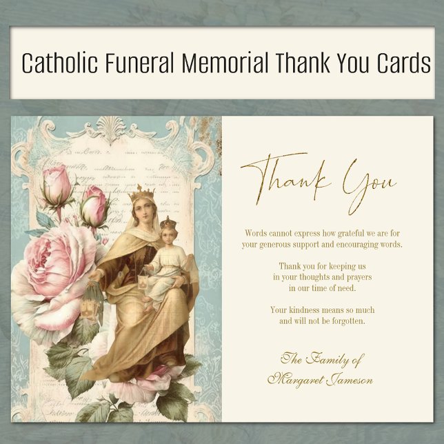 Det katolska minnesmärket Carmel Ro Tack Kort (Traditional Catholic Our Lady of Mount Carmel with roses funeral memorial thank you cards)