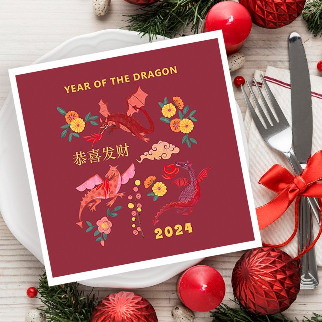Det kinesiska nyåret för dragon Röd Pappersservett (Chinese Lunar New Year of the Dragon Red Napkins)