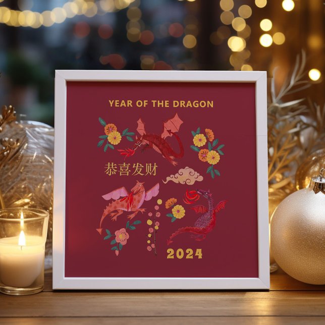 Det kinesiska nyåret för dragon Röd Poster (Chinese Lunar New Year of the Dragon Red Poster)