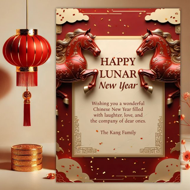 Det kinesiska nyåret för Horse Red & Guld 2026 Julkort (Year of the Horse 2026 Chinese New Year Card – Red & Gold “Happy Lunar New Year” with Two Horses)