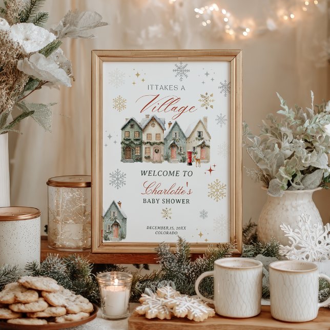 det krävs en by jul vinter baby shower poster (it takes a Village Christmas Winter Baby Shower Poster)