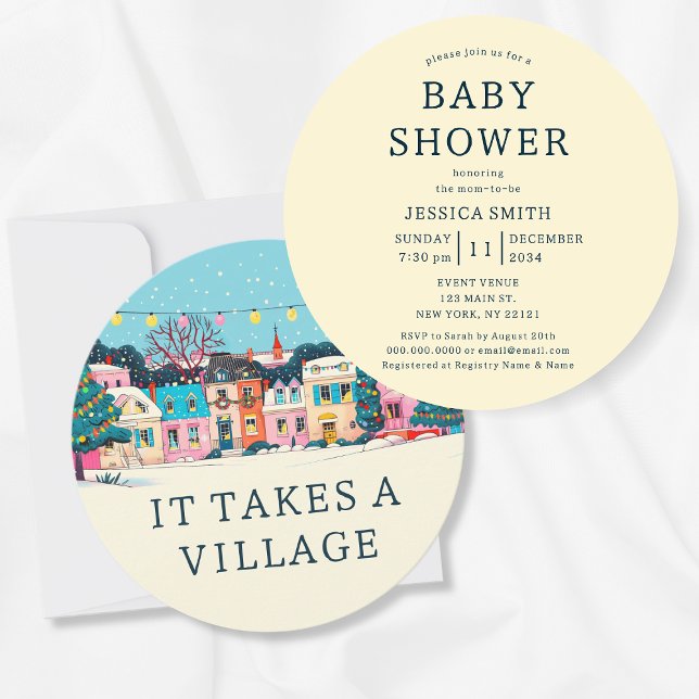 Det Krävs En By Vinter Neutral Bebis Shower Inbjudningar (It Takes A Village Winter Neutral Baby Shower Invitation)