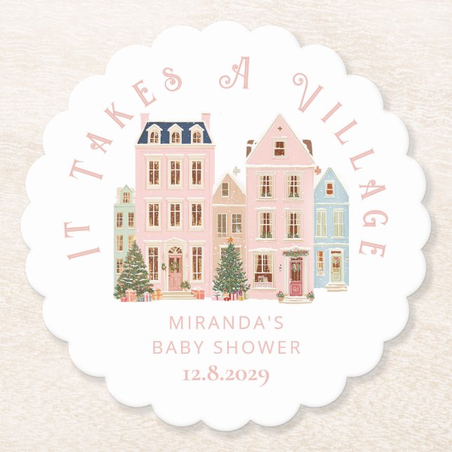 Det krävs en by Vinter Rosa Snö Bebis Shower Underlägg Papper (Framsida)