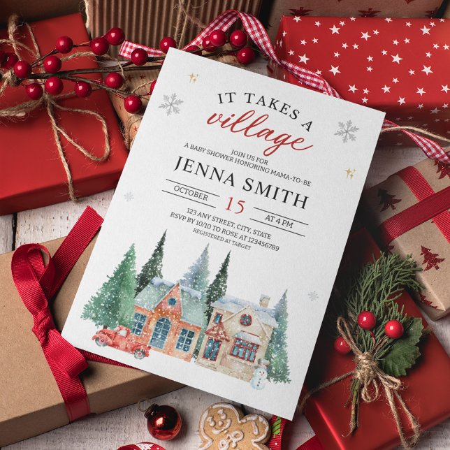 Det krävs en Village-julskuva för babykläder Inbjudningar (Gender Neutral It takes a Village Christmas Winter Wonderland Festive Baby Shower Invitation)