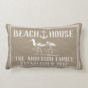 Det kust- strandhuset ankrar & SandpiperFauxBurlap Lumbarkudde