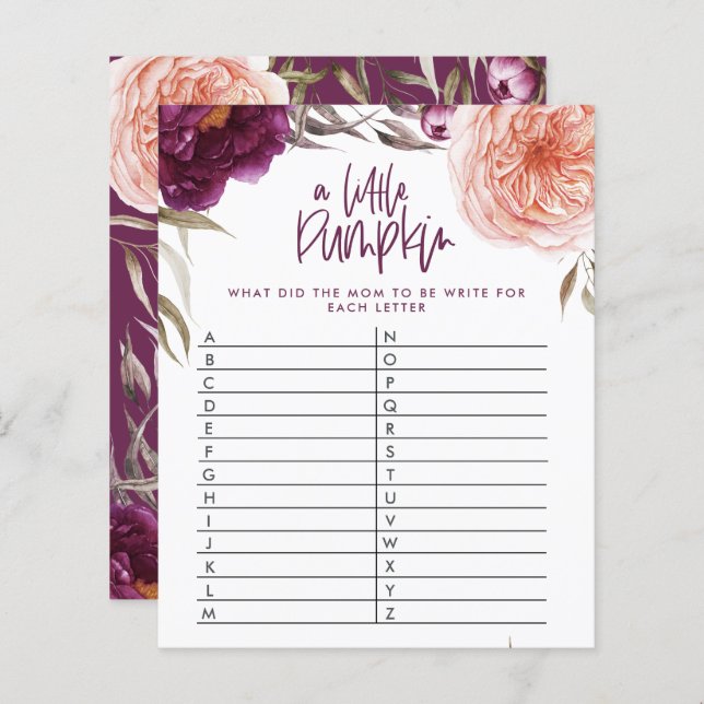 Det lilla pumpduschspelet i blommigten gissa ord. (Fram/baksida)