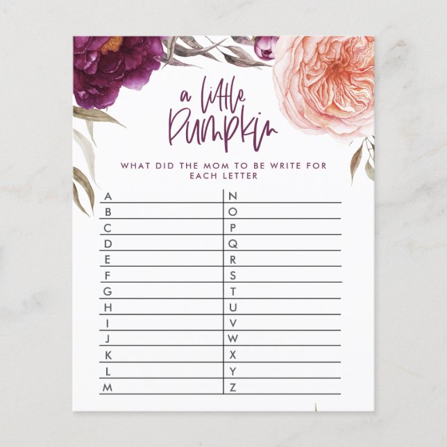 Det lilla pumpduschspelet i blommigten gissa ord. flygblad (Framsidan)