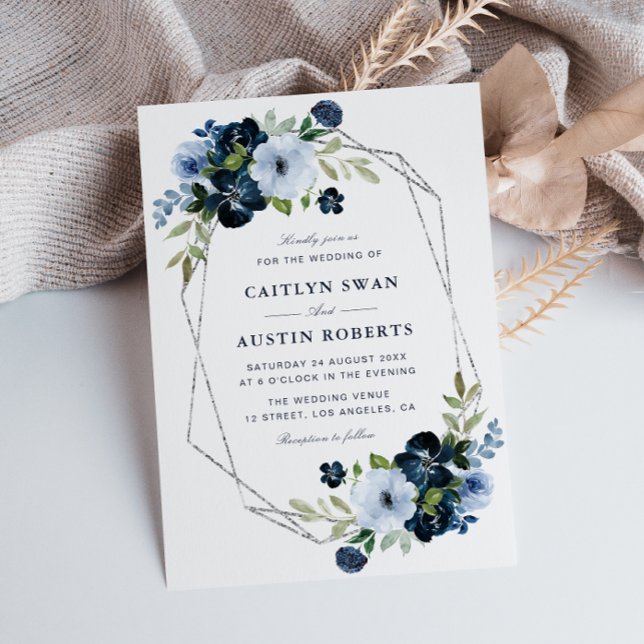 Det ljusblå silver-geometriska bröllop inbjudningar (Skapare uppladdad)