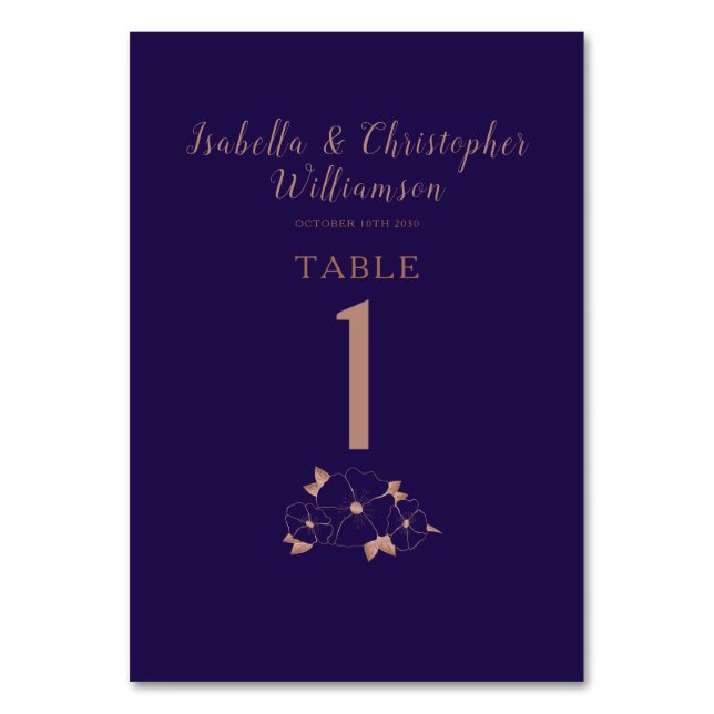 Det moderna bröllop-bordsnumret med koppar och blå bordsnummer (Framsidan)