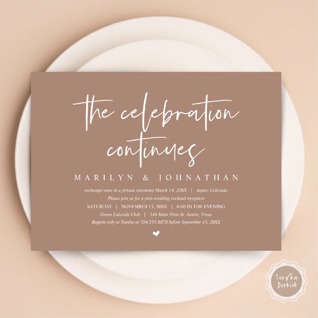 Det moderna Bröllop-utbrottet i firande fortsätter Inbjudningar (Wedding Elopement, Modern celebration continues Invitation Card, PDF, in Taupe)