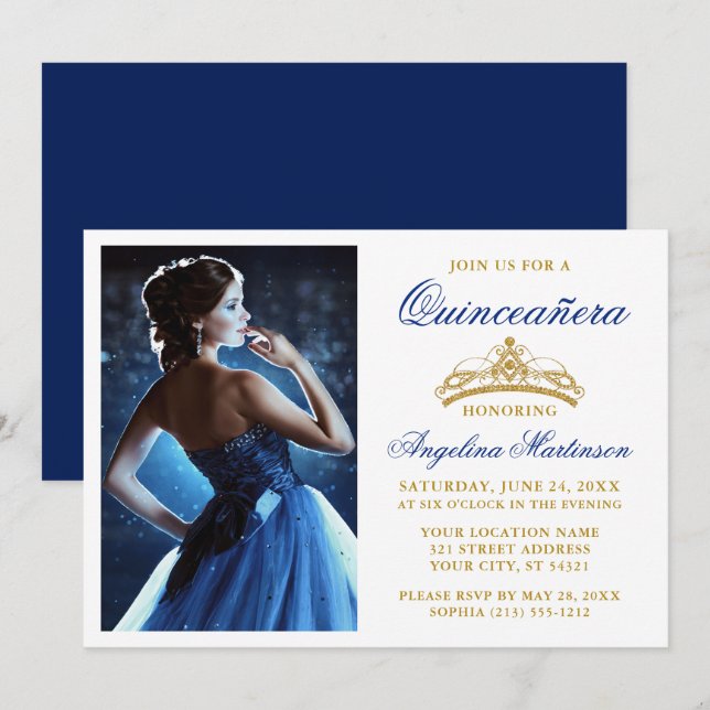 Det moderna Eleganten Guld Krona Royal Blue Quince Inbjudningar (Fram/baksida)