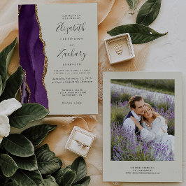 Det moderna fotot Lila Guld Agate Ivory Bröllop Inbjudningar