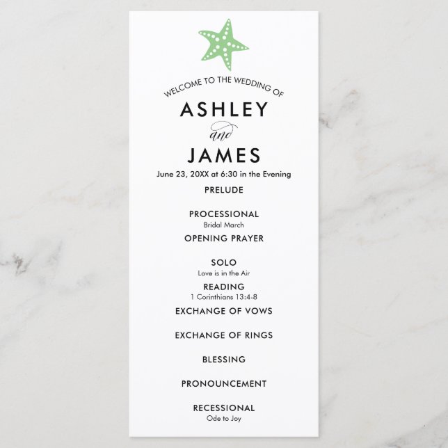 Det moderna Grönten Starfish Bröllop Ceremony-prog Program (Framsida)