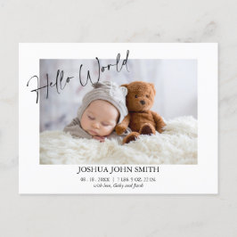 Det moderna Hej World Calligraphy Birth Notice Vykort