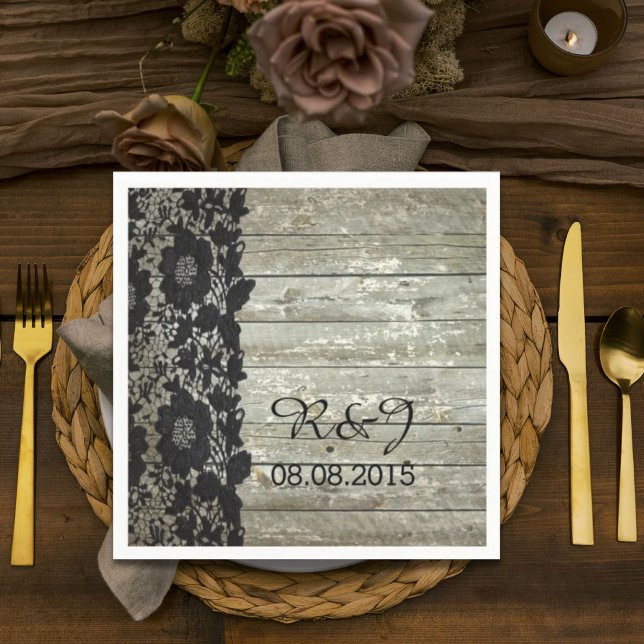Det moderna landsbyggsbröllopet i snöre är till fö pappersservett (rustic barn wood lace modern country wedding favor paper napkins)