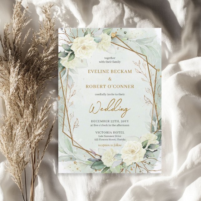 Det moderna manuset vit ros eucalyptus bröllop inbjudningar (Modern script white roses eucalyptus wedding invitation)