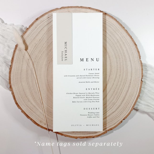 Det moderna minimalistiska rummet för Namn bricka  Meny (Elegant minimalist wedding menus with room at the top for name tag / name card (sold separately))