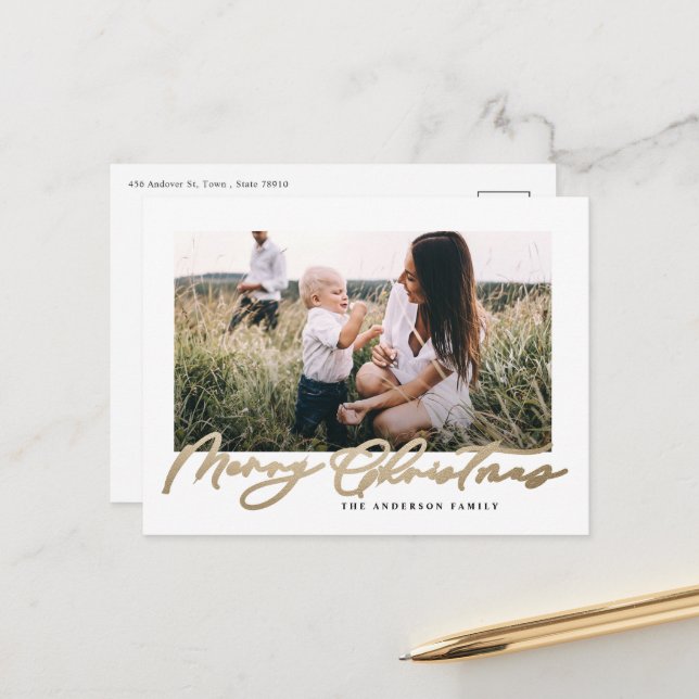 Det moderna minsta fotojulskript för elegant Holi Helg Vykort (Fram/Back In Situ)