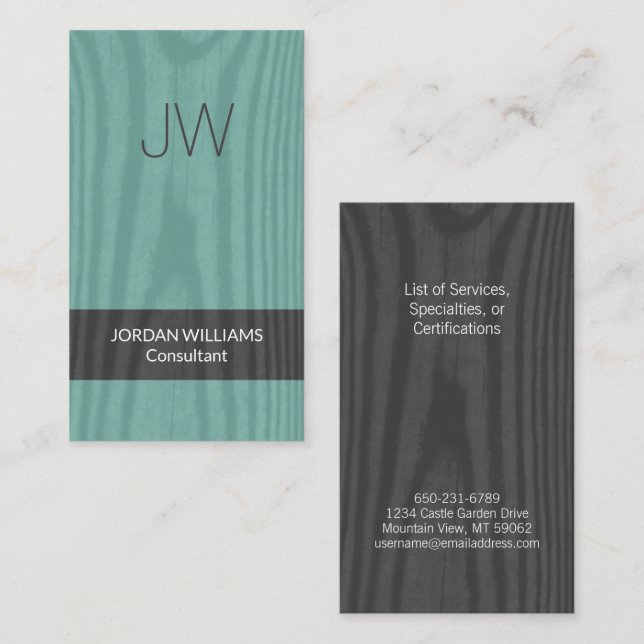 Det moderna Monogram Teal Faux Wood-minimalistiska Visitkort (Fram/baksida)
