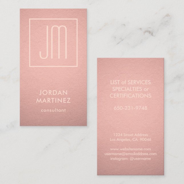 Det moderna monogrammerade Ro-Guld-Lodrät Faux Foi Visitkort (Fram/baksida)