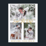 Det moderna penselskriptet Spara datum 3-fotot Gul Vykort<br><div class="desc">Modern penselskript Spara datum Förlovning par 3-fotovykort för Guld</div>