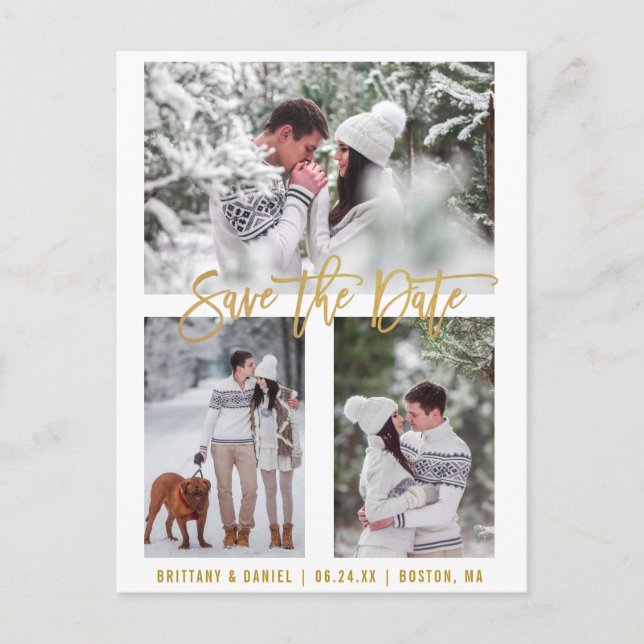 Det moderna penselskriptet Spara datum 3-fotot Gul Vykort (Framsida)